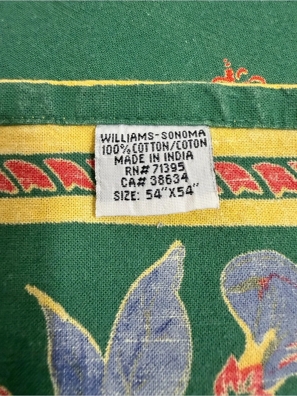 Williams Sonoma Vintage Provence Green Floral Tablecloth French Country 54 x 54